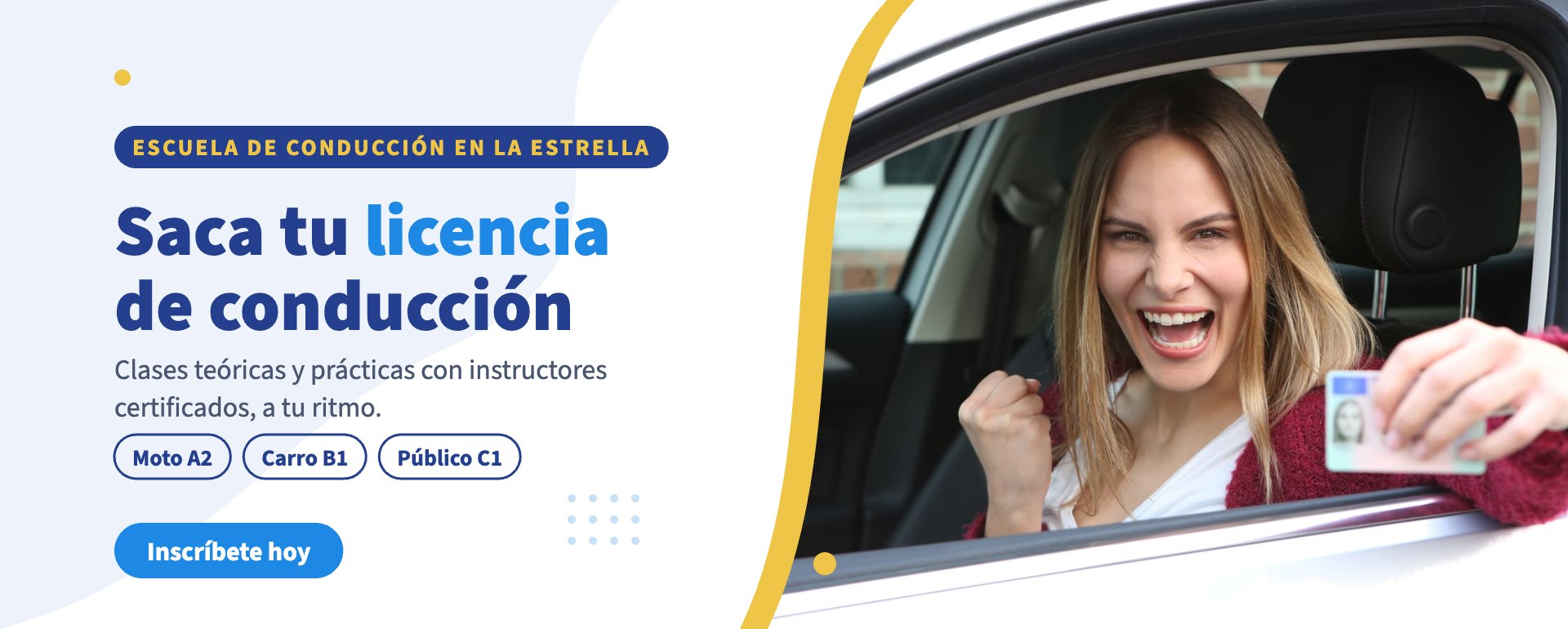 Banner Fénix licencia amarillo Saca tu licencia de conducción de moto A2, carro B1 o público C1 en La Estrella – Fénix